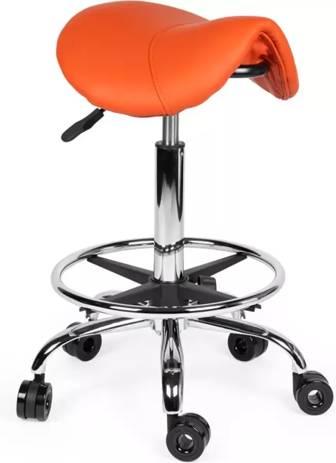 Zadelkruk Nederland Kapperskruk Oranje Standaard met Voetring Wielen waar geen haar tussen kan komen in zithoogte verstelbaar tussen 50-68cm Kappersfiets