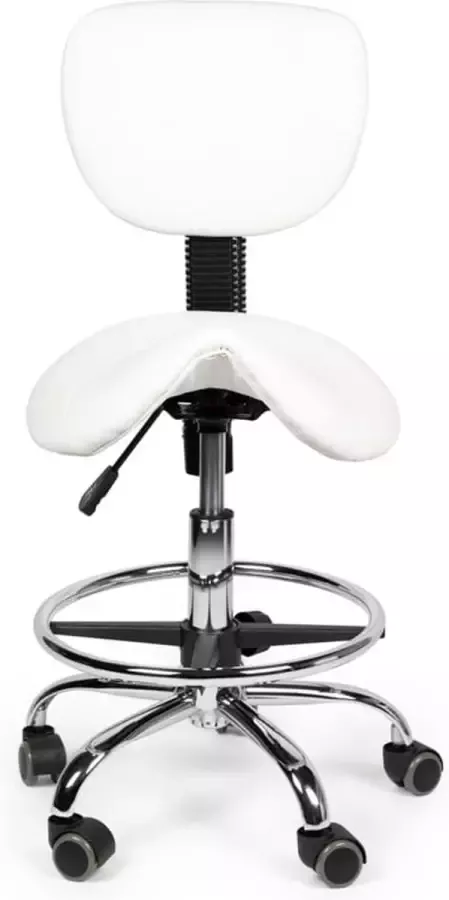 Zadelkruk Nederland Zadelkruk Rugleuning Laag Wit met Voetring Zithoogte 40 58cm kruk op wielen krukje werkkruk zadelkruk bureaukruk kapperskruk verstelbaar draaikruk tabouret zadelkruk met rugleuning tot 160kg - Foto 2