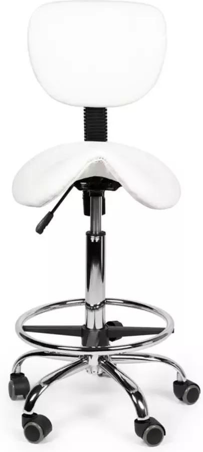 Zadelkruk Nederland Zadelkruk Rugleuning Standaard Wit met Voetring Zithoogte 50 68cm kruk op wielen krukje werkkruk zadelkruk bureaukruk kapperskruk verstelbaar draaikruk tabouret zadelkruk met rugleuning tot 160kg - Foto 2