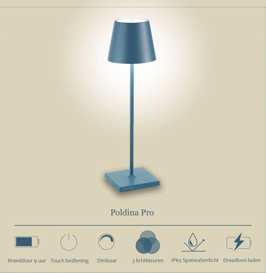 Zafferano Poldina Pro Tafellamp Oplaadbare Buitenlamp Blauw IP65 Spatwaterdicht Bureaulamp Snoerloos Dimbare LED Lamp Tuinlamp met Draadloos Oplaadstation 38 cm x Ø 11cm