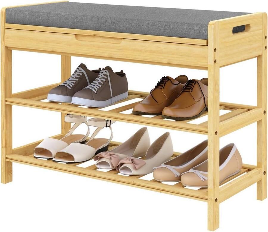 Dripio Bamboe Schoenenkast met Bank 2-Laags Schoenenrek Opvouwbare Gevoerde Zitting Schoenenbank met Opbergruimte Voor Hal Slaapkamer of Balkon Stabiel & Comfortabel 68x50x30 cm Grijs