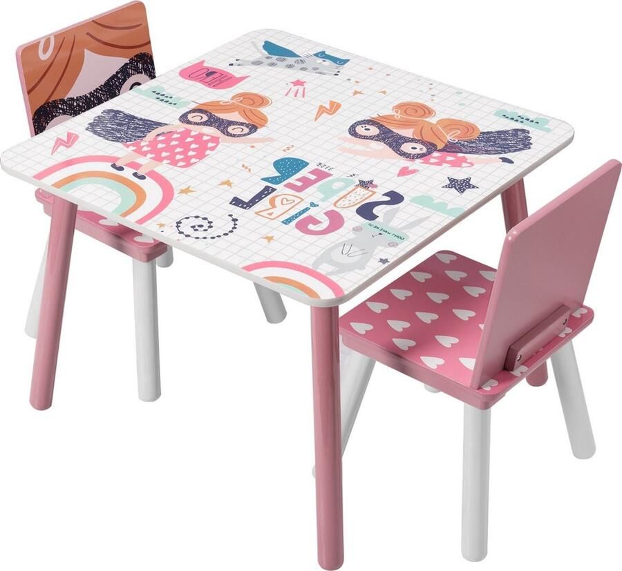 Zaltino Kindertafel en 2 Stoeltjes Roze Design Superheld Print Hout