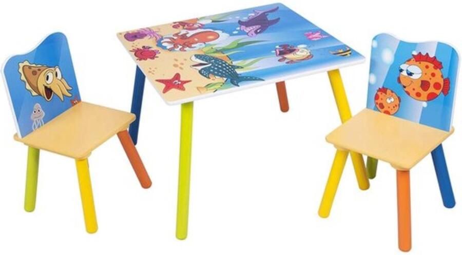 Zaltino Kindertafel met 2 Stoeltjes Hout Voor Peuter of Kleuter Zeedieren Print