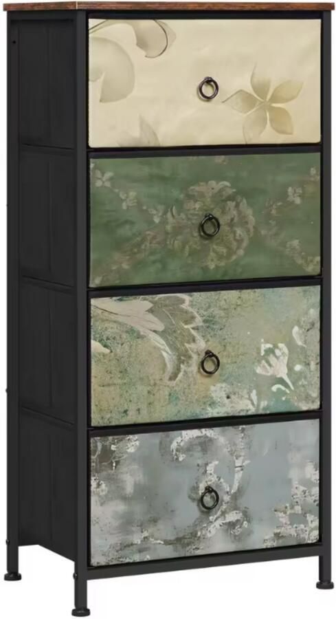 Zaltino Ladekast Smal 4 Stoffen Lades Opbergkast met Houten Top Metalen Frame Voor Slaapkamer Hal of Woonkamer Bloemenmotief 45x94 5x30 cm