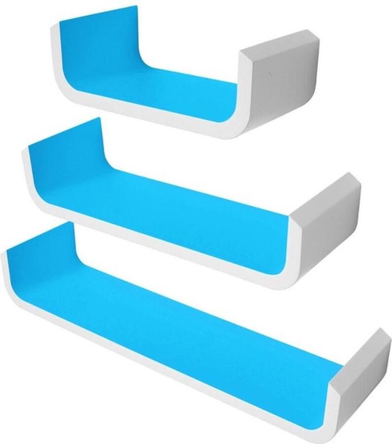 Zaltino Set van 3 Houten Wandplanken Zwevend Design Blauw Voor Woonkamer of Slaapkamer