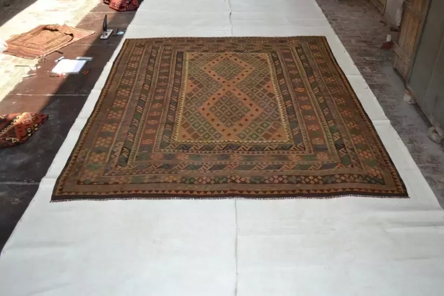 Zargar Rugs Kelim vloerkleed 242x295 Kelim tapijt Oosters vloerkleed 100% wol Handgeweven