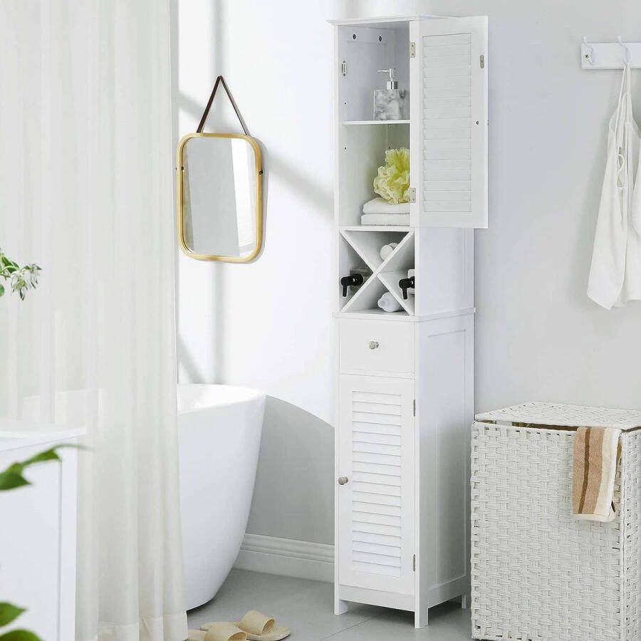 ZAZA Home Badkamermeubel hoge kast badkamermeubel met 2 lamellen deuren opbergkast met lade uitneembare X vormige plank Scandinavische stijl wit