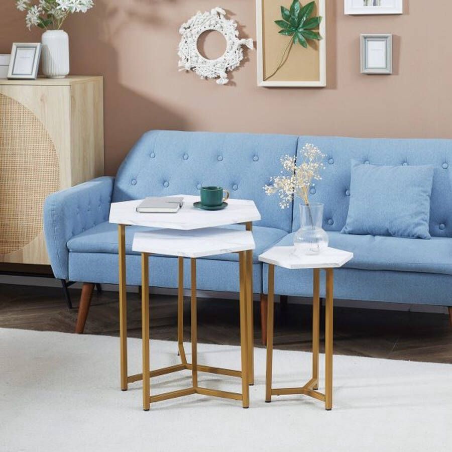 ZAZA Home Bijestabel 3-set salontafel set soft met een marmeren uiterlijk moderne salontafel woonkamer tafel voor slaapkamers staal wit