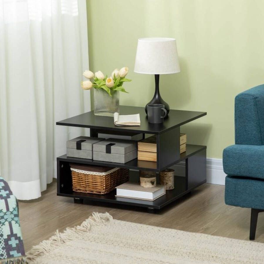 ZAZA Home Bijzettafel met 3 planken salontafel met verstelbare voeten nachtkastje zachter voor woonkamer slaapkamer zwart 60 x 60 x 45 cm