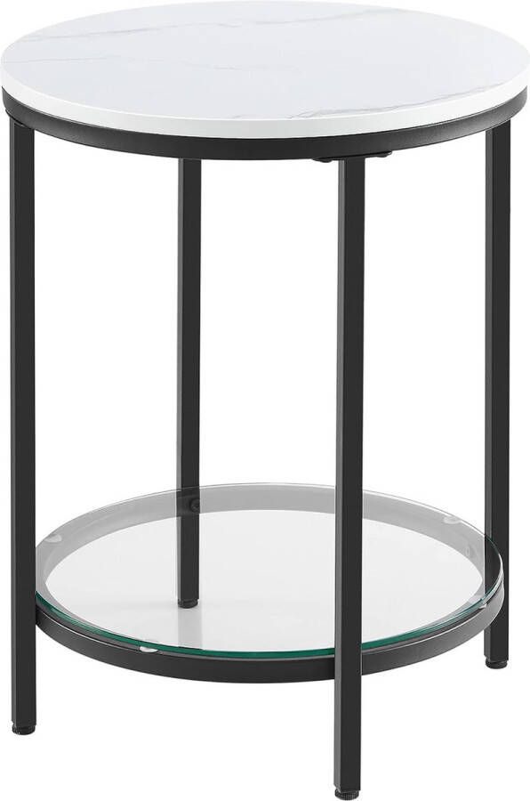 ZAZA Home Bijzettafel Nachtkastje Met 2 Niveaus Houten Spaanplaat Gehard Glas Voor Woonkamer Werkkamer Kleine Ruimtes Modern Wit Marmeren Look Zwart Frame