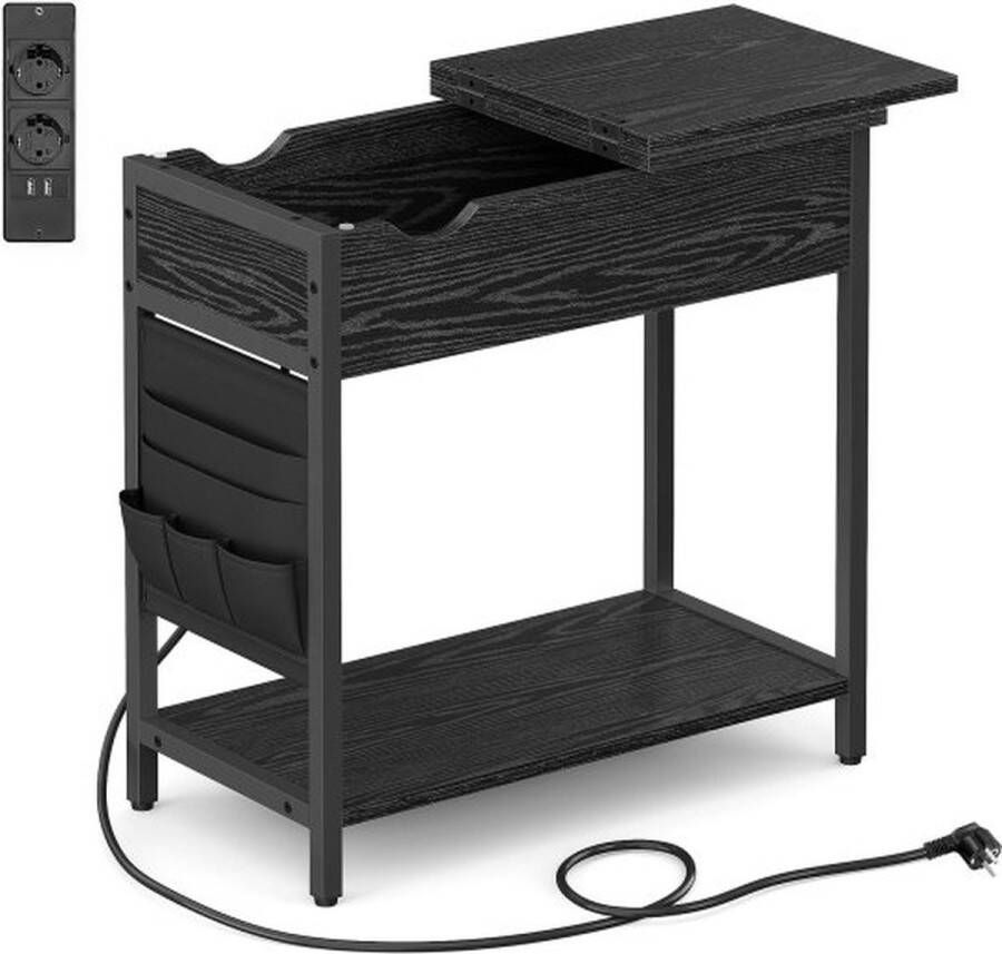 ZAZA Home Bijzettafel nachtkastje met stopcontact smal met USB poorten tas voor woonkamer slaapkamer zwart met houtnerf