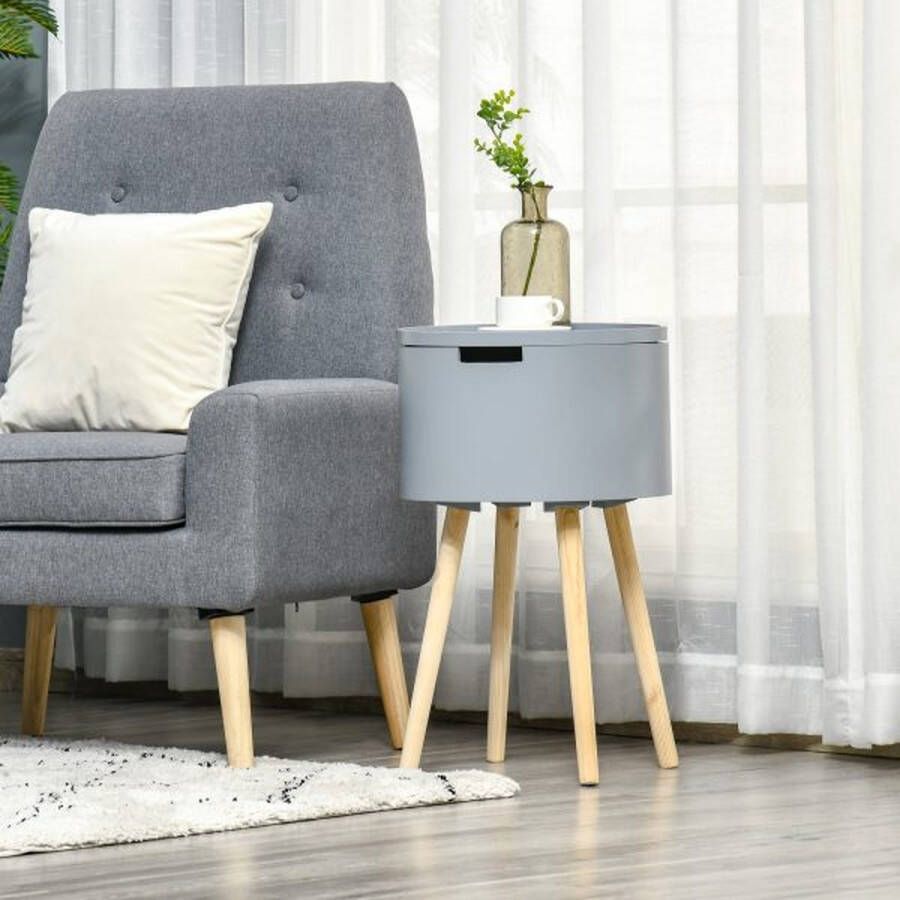 ZAZA Home Bijzettafel rond met Scandinavisch design salontafel bed met lade voor kantoor woonkamer slaapkamer mdf dennenhout grijs+natuur