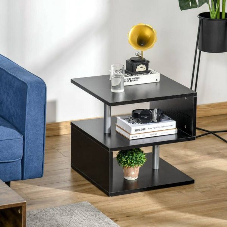 ZAZA Home Bijzettafel salontafel woonkamer tafel sofatic s-vorm 3 x compartiment spaanbord staal zwart 48 x 48 x 48 cm