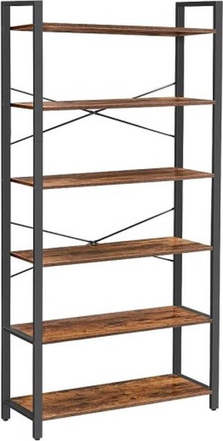 ZAZA Home Boekenkast 6 niveaus staand rek met stalen frame vrijstaand rek voor woonkamer slaapkamer werkkamer 30 x 80 x 186 cm industrieel design vintabruin-zwart