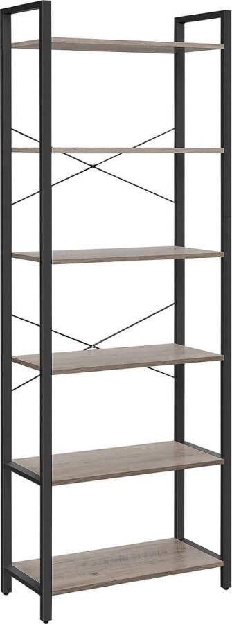 ZAZA Home Boekenkast 6 niveaus staand rek met stalen frame vrijstaand rek voor woonkamer slaapkamer werkkamer 30 x 66 x 186 cm industrieel design Greige-zwart