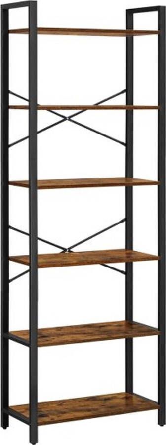 ZAZA Home Boekenkast 6 niveaus staand rek met stalen frame vrijstaand rek voor woonkamer slaapkamer werkkamer 30 x 66 x 186 cm industrieel design vintabruin-zwart LLS062B01