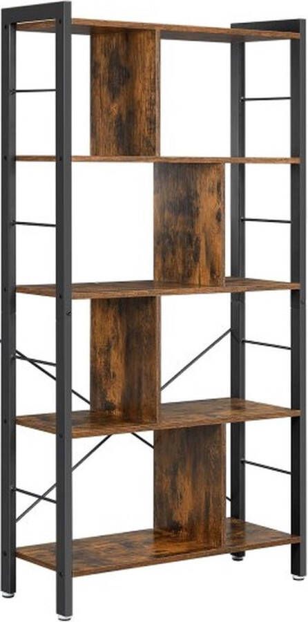 ZAZA Home Boekenkast boekenplank met 4 niveaus vrijstaande plank boekenkast kantoorplank industrieel ontwerp voor woonkamer kantoor studeerkamer groot metalen frame vintage bruin en zwart