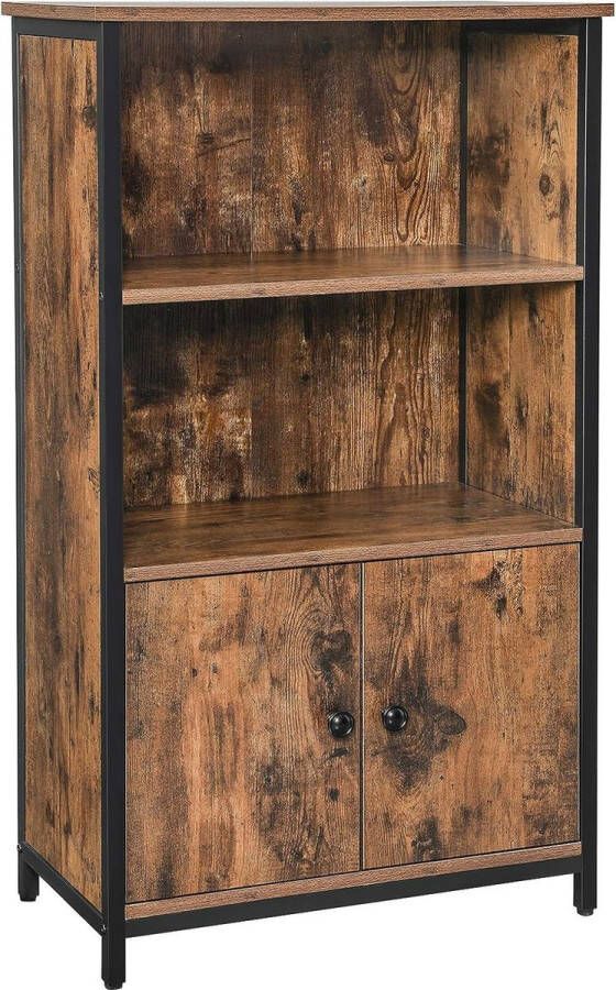 ZAZA Home Boekenkast Kantoorplank Keukenkast met 2 open vakken 1 vak met kastdeuren multifunctioneel Industrieel design vintage bruin en zwart