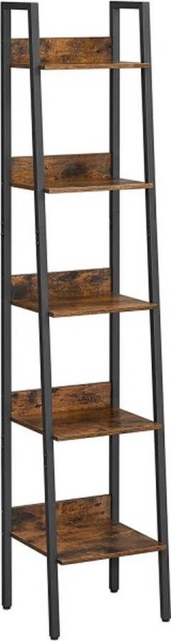 ZAZA Home Boekenkast Ladder Plank Met 5 Planken Open Vloer Plank Smal Voor Woonkamer Slaapkamer Keuken Kantoor Metalen Frame İndustrieel Ontwerp Vintage Bruin-Zwart