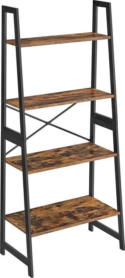 ZAZA Home Boekenkast ladderrek staand rek met 4 niveaus frame van bamboe eenvoudige montage voor woonkamer slaapkamer keuken vintage bruin-zwart