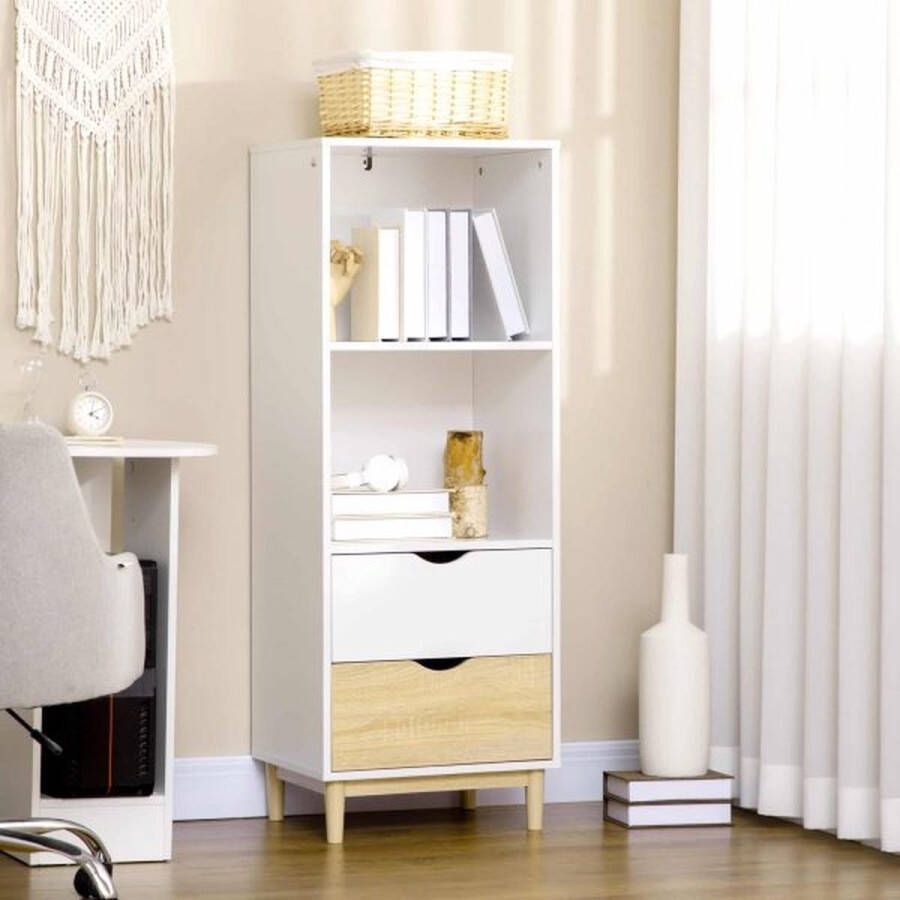 ZAZA Home Boekenkast met 2 compartimenten 2 laden opbergplank boekenkast staan ​​koninklijk met houten benen moderne witte+natuur