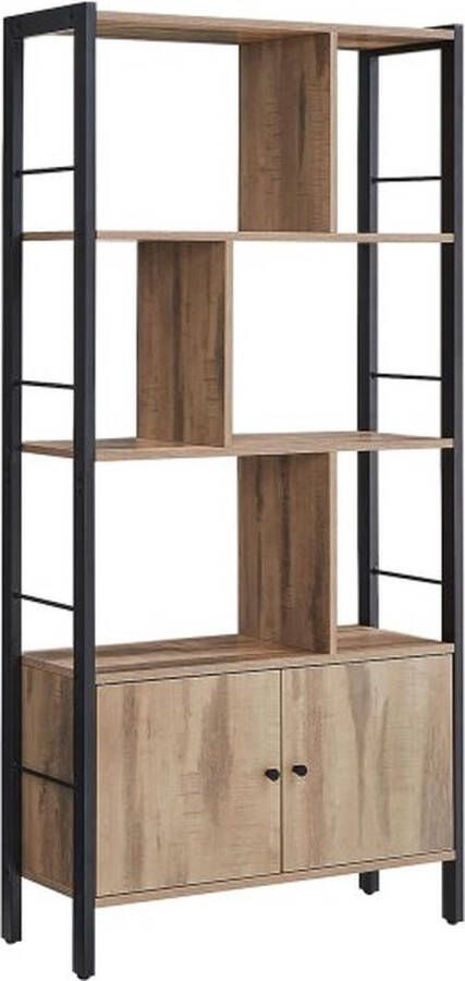 ZAZA Home Boekenplank grote boekenkast met deuren 4 planken staalstructuur industriële stijl voor woonkamer kantoor geroosterd eikenhout kleur en zwart