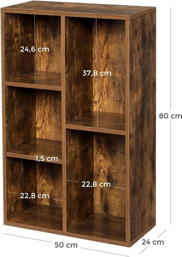 ZAZA Home Boekenplank plank staande kast kantoorplank met 5 vakken open voor woonkamer studeerkamer kantoor als ruimteverdeler vintage bruin