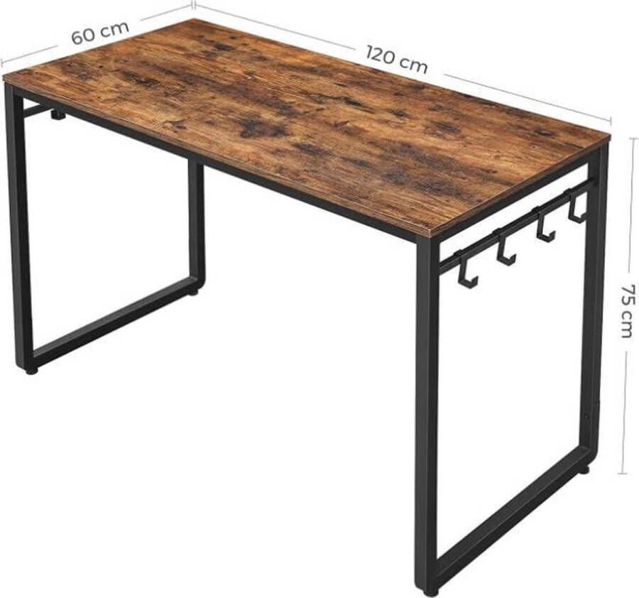 ZAZA Home bureau computer bureau kantoortafel met 8 haken 120 x 60 x 75 cm studeerkamer thuiskantoor kantoor eenvoudige constructie metaal industrieel ontwerp vintage bruin-zwart LWD58X - Foto 2