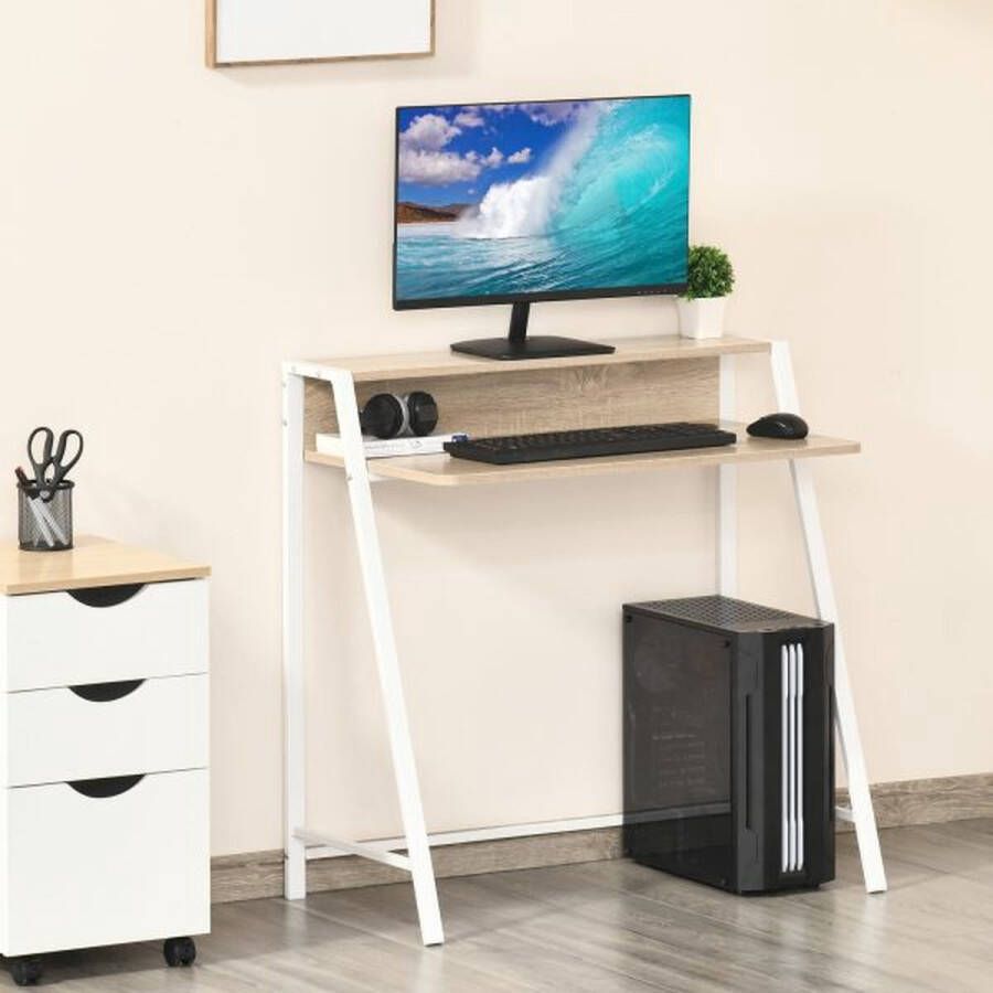 ZAZA Home Bureau computertabel kantoortafel werktafel met opslagcompartiment kabelgang wit+eiken metaal 84 x 45 x 85 cm