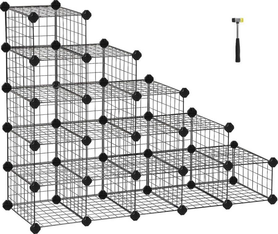 ZAZA Home DIY schoenenrek 15 kubusvormige opbergsystemen van metaaldraad modulaire insteekplank in elkaar grijpende schoenorganisatie incl. rubberen hamer en anti tipper zwart