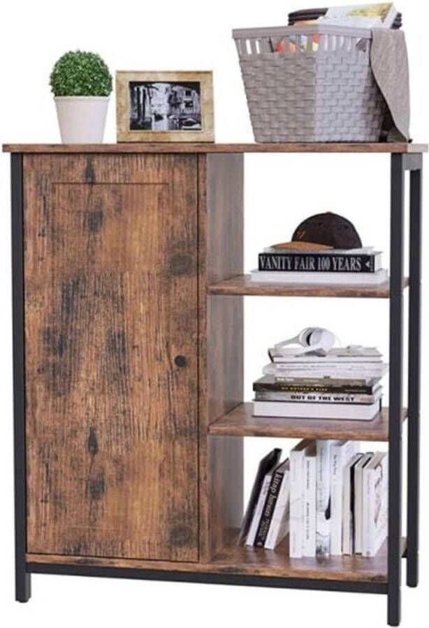ZAZA Home Dressoir zijkast keukenkast met 4 open rekken halkast ladenkast keuken woonkamer eetkamer kantoor badkamer hal industrieel ontwerp vintage bruin-zwart