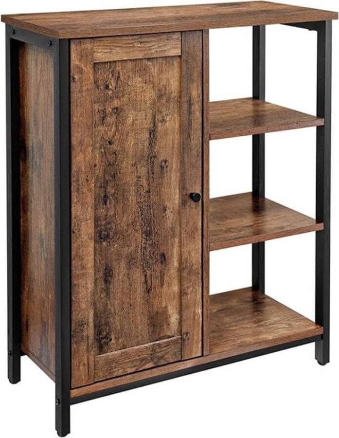 ZAZA Home Dressoir zijkast keukenkast met 4 open rekken halkast ladenkast keuken woonkamer eetkamer kantoor badkamer hal industrieel ontwerp vintage bruin-zwart