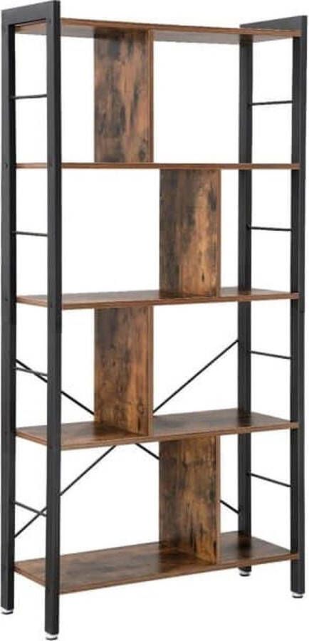 ZaZa Home & Office Boekenplank Kantoorplank Roomdivider Met 4 Niveaus Staande Plank İn İndustrieel Design Woonkamer Kantoor Studeerkamer Veel Opbergruimte Groot Stabiel Eenvoudige Structuur Vintage Bruinzwart