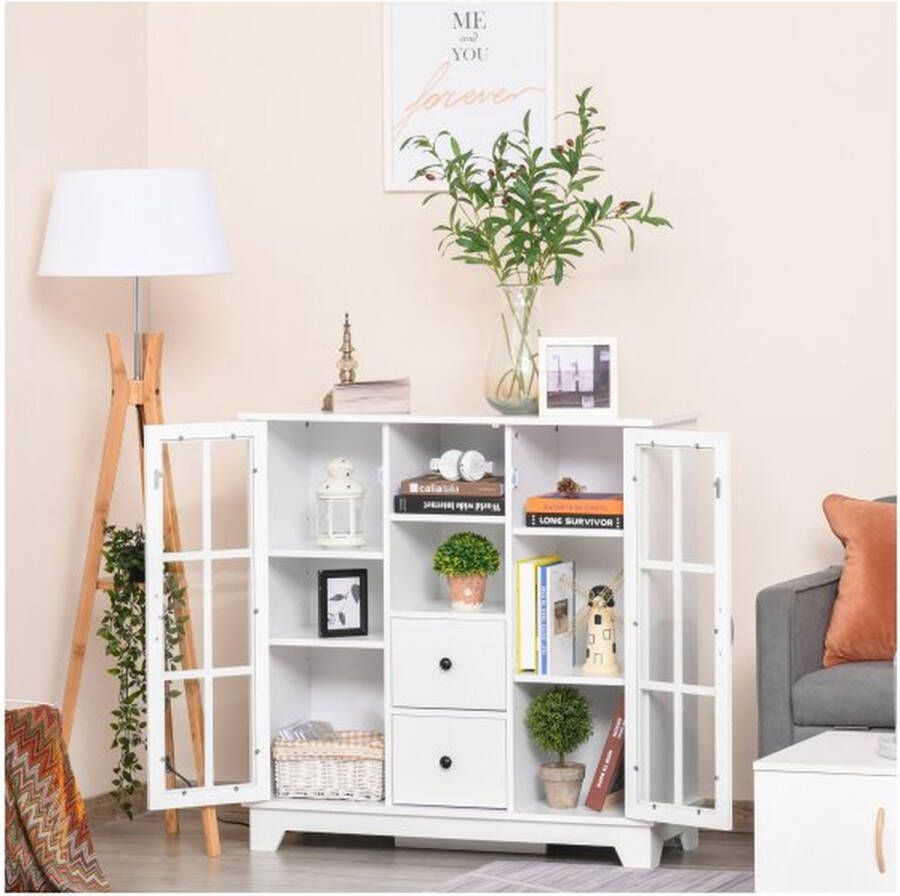 ZaZa Home & Office Keukenkast bijb naar opbergkast modern elegant met 2 laden en glazen deuren voor eetkamer woonkamer mdf wit 100 x 35 x 100 cm