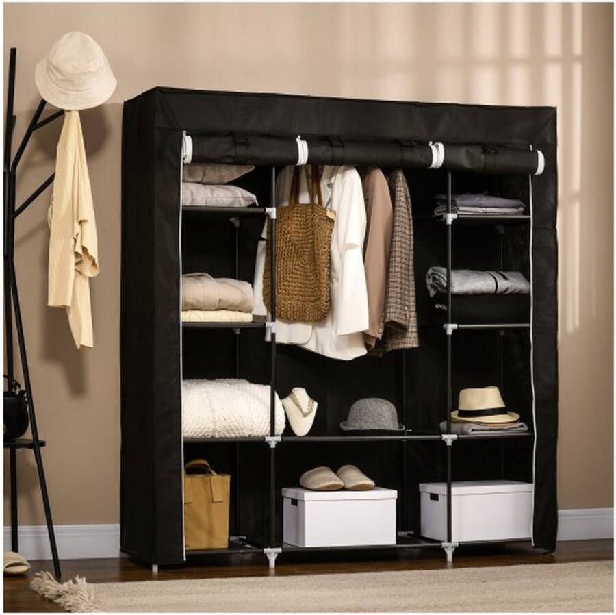 ZaZa Home & Office Stoffenkast vouwkast met ritssluiting gemaakt van niet -geweven stof garderobe met 1 kledingrail en 10 planken 150 x 43 x 162 5 cm