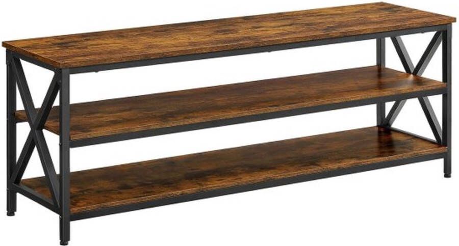 ZaZa Home & Office TV plank TV meubel lowboard voor TV's tot 65 inch TV tafel met open vakken X vormige stijlen industrieel ontwerp vintage bruin en zwart
