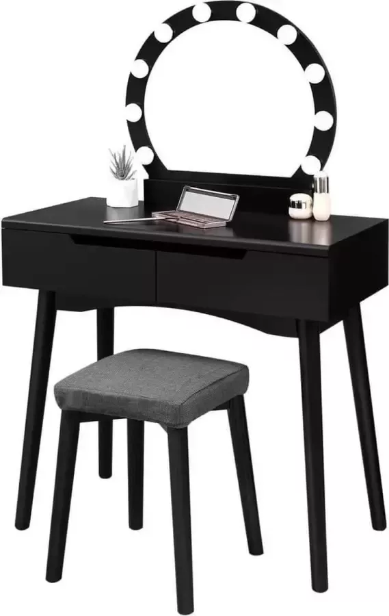 ZAZA Home Kaptafel Zwart met LED Verlichting – Luxe Make-Up Tafel met Spiegel en Kruk - Foto 2