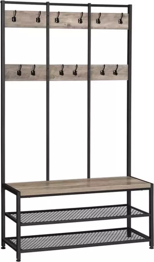 Unbranded ZAZA Home Grote kapstok met bank kapstok met 12 kleerhaken en schoenenrek halplank kantoor slaapkamer stevig stalen frame industrieel ontwerp grijs-zwart HSR086B02