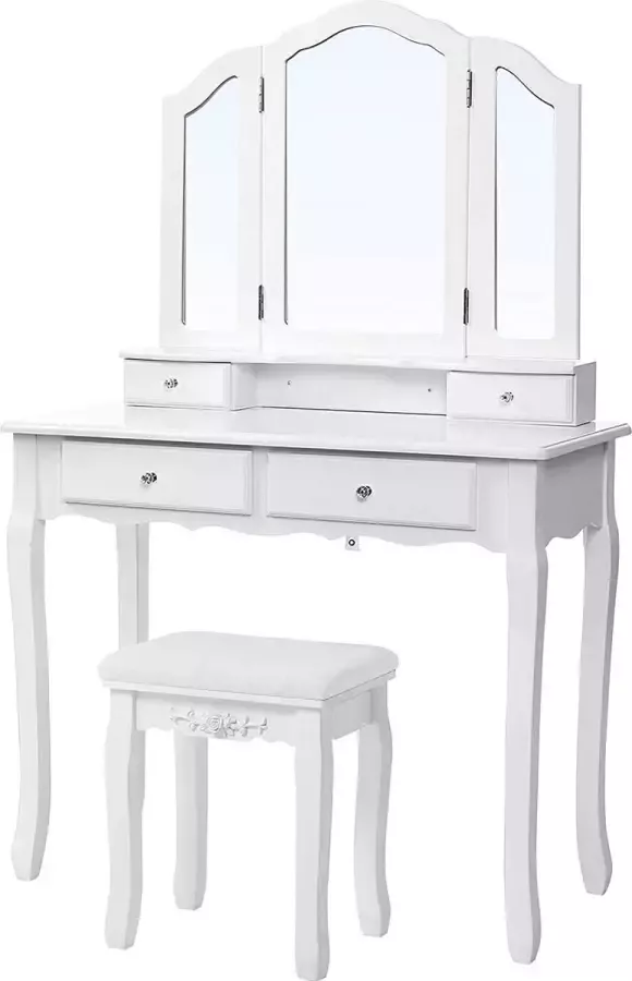 ZaZa Home & Office Zaza home Kaptafel 3 Spiegels met kruk en 4 Laden Wit