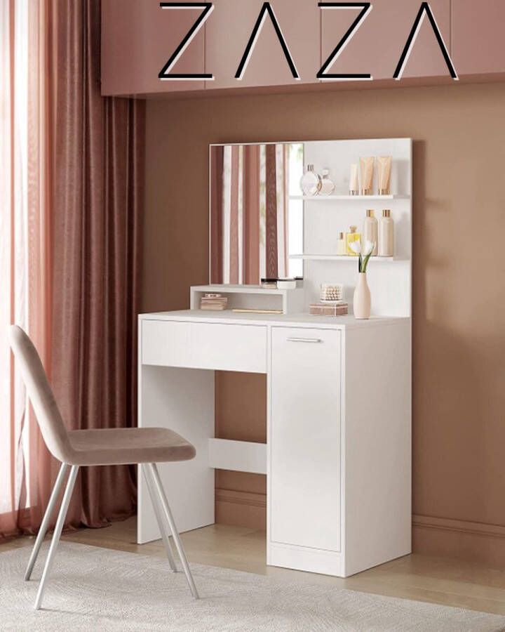 ZaZa Home & Office ZAZA Home Kaptafel make up tafel met spiegel en opbergvak 1 lade 2 legplanken wit