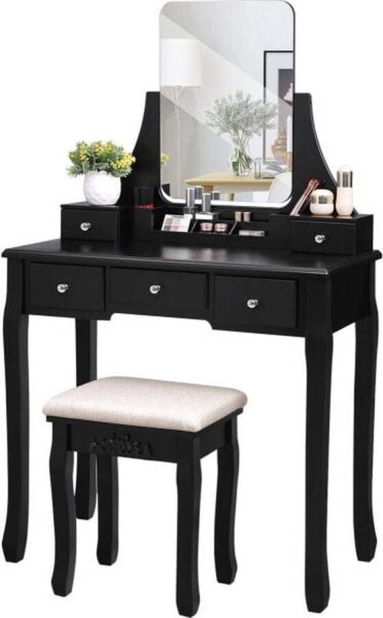 ZaZa Home & Office ZAZA Home Kaptafel Met Spiegel Make up Tafel Voor Vrouwen Met Kruk ZWART