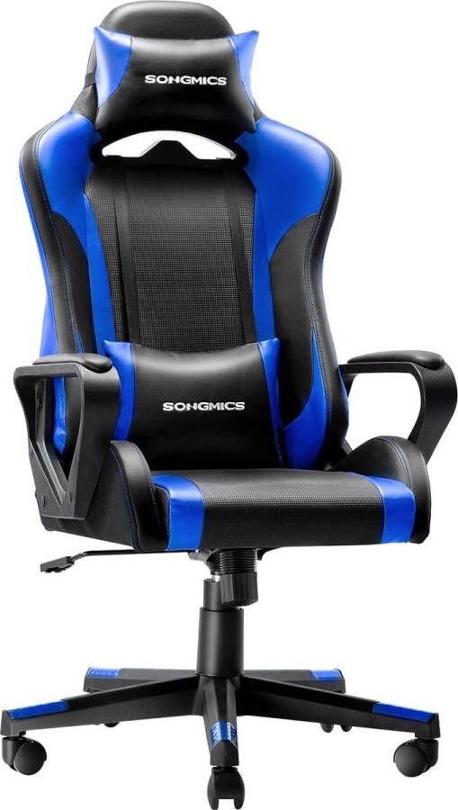 ZAZA Home Gamingstoel bureaustoel computerstoel verwijderbare hoofdsteun lendenkussen in hoogte verstelbaar schommelfunctie tot 150 kg belastbaar ergonomisch zwart en blauw