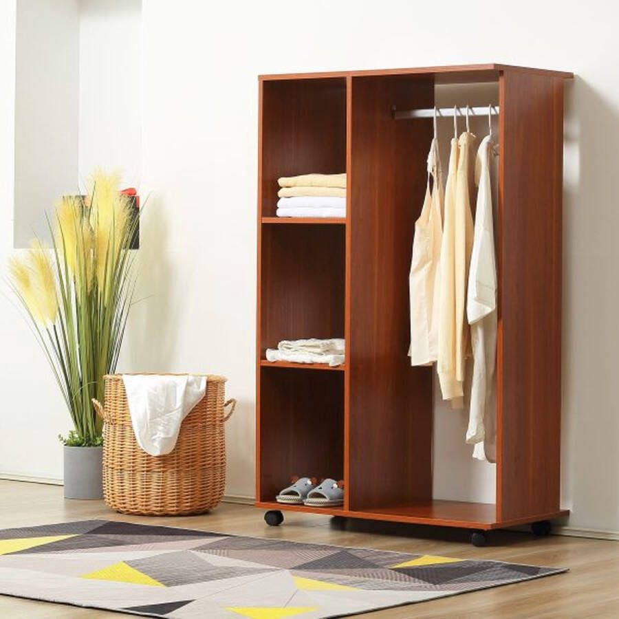 ZaZa Home & Office Garderobe on Rolls mobiele garderobe 1 kledingrail 3 planken mantelkamerkast 80 x 40 x 128 cm walnootbruin