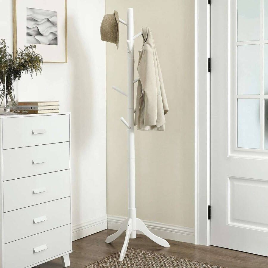ZAZA Home Houten kapstok kledingrek met 8 haken boomvorm verstelbaar in 3 hoogtes voor jassen tassen voor entree slaapkamer wit