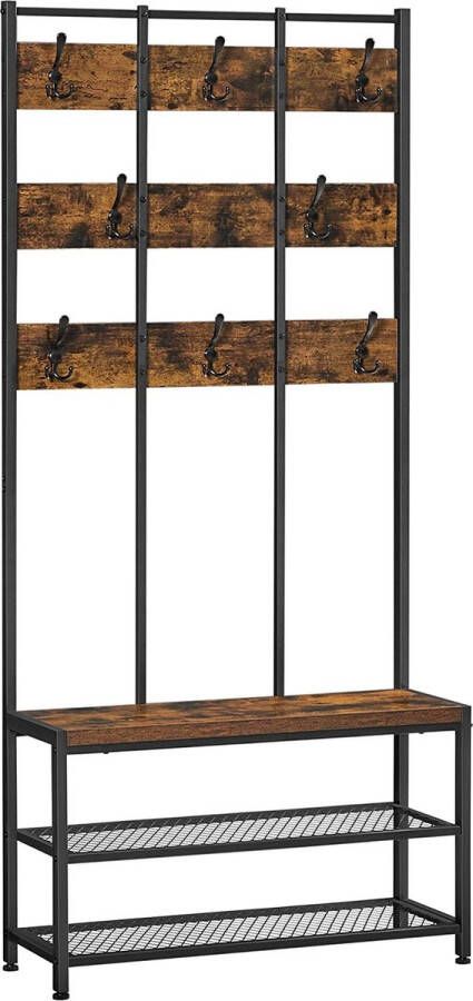 ZAZA Home Kapstok Kledingstandaard Met 8 Haken En Zitje 2 Roosterplanken İn De Gang Woonkamer Metalen Frame İndustriële Stijl Vintage Bruinzwart