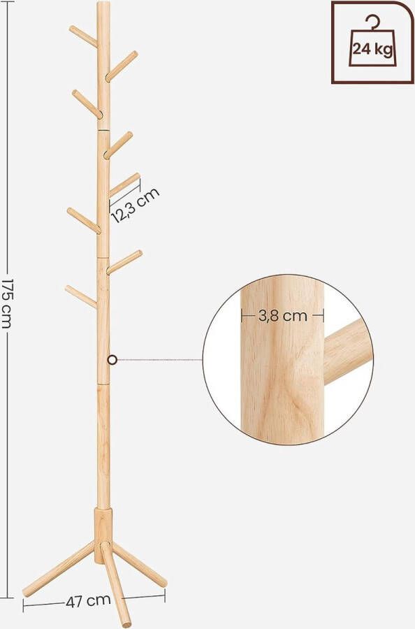 ZAZA Home Kapstok vrijstaande kapstok garderobe van massief hout boomvormig met 8 haken voor kleding hoeden tassen gang entree natuurlijke kleur