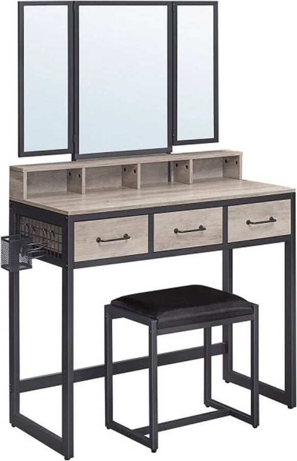 ZAZA Home Kaptafel Dressing Table Met 3-Delige Klapspiegel Haardroger Houder Make Up Tafel Met Gestoffeerde Kruk 3 Lades Greige-Zwart