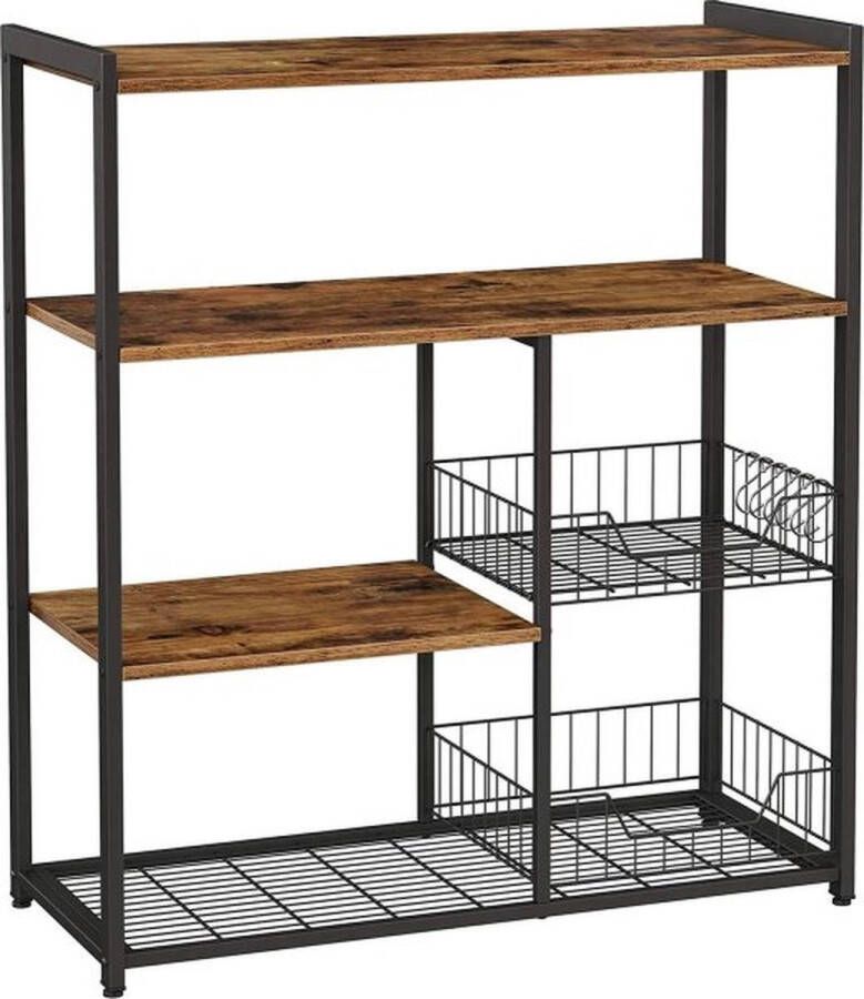 ZAZA Home VASAGLE Keukenrek staand rek met 2 metalen manden bakkersrek met haken en planken magnetronrek 80 x 35 x 95 cm industrieel design vintage donkerbruin KKS96X