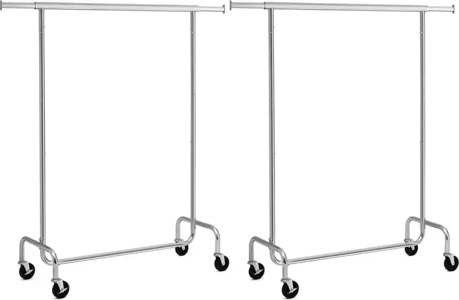ZAZA Home SONGMICS Kledingrek set van 2 kledingstangen met wieltjes garderobestek van metaal tot 130 kg belastbaar lengte 110-150 cm verchroomd zilver HSR011S02