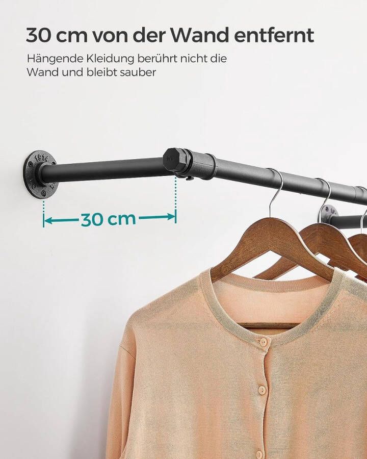 ZAZA Home Kledingstang voor aan de Muur Industrieel Design Ruimtebesparend 60 kg Belastbaarheid Eenvoudige Montage Zwart - Foto 2